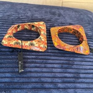 Set of 2 Vintage Boho Bracelets Decoupage Over Wood - Earthy Flower Bangle